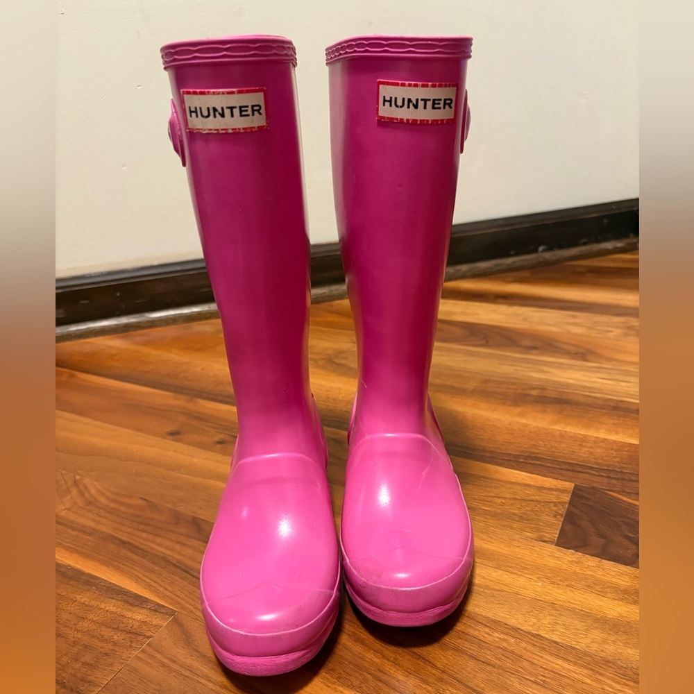 Hunter Classic sz 13 UK 32 pink gloss kids rain boots, great pre owned condition - Picture 4 of 17